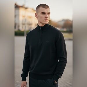 Boss Men's Zip-Up Black Sweater - Elevated Casual Style - Size M